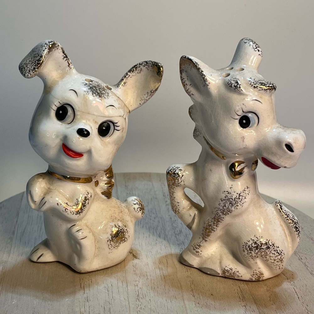 Vintage MCM Anthropomorphic Salt and Pepper Shakers Puppy and Donkey Japan